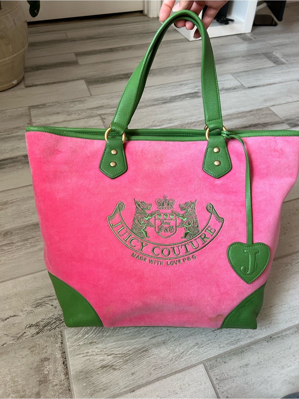 Vintage Juicy Couture Hot Pink Suede Tote with Green Leather Trim